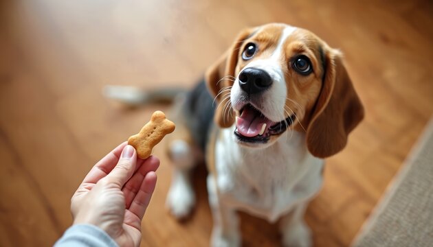 Beagle looks at bone shaped cookie in owner hand. Cute puppy waits to eat a treat. Dog receives snack as reward for command. Animal owner gives food to domestic animal.