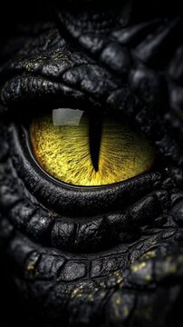 Close-up of a Dragon's Intense Yellow Eye with Detailed Scales, Evoking Mythical Power and Fantasy