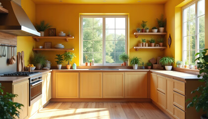 Modern kitchen with yellow walls and natural wood furniture. Interior has big window and green plants. Cozy design style. Real estate agents use for marketing renovation ideas.