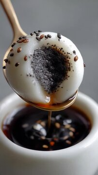Delicious sweet mochi dango dessert, authentic traditional Asian food. Smooth texture, black sesame filling, dark dipping sauce, elegant presentation. Wooden spoon ready for delightful experience