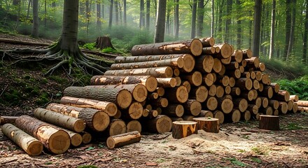 Stacked logs rest in a sun-dappled forest clearing.