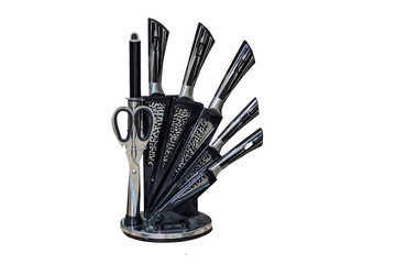 stainless steel kitchen knife on white background, kitchen knifes, Set of kitchen knives on stand, packaging goods storage, isolated on white background