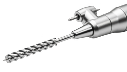 Close up of a silver dental drill bit with spiral flutes and a pointed tip isolated on a transparent background