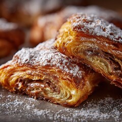 A close up of a pastry with powdered sugar