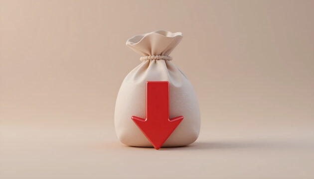 Personal savings decrease and financial loss concept with 3D money bag and red downward arrow for household budget blog header