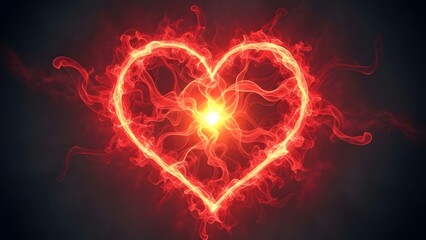 Glowing red heart with lightning effect on dark background with warm light