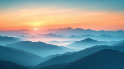 Obraz premium panoramic Asian mountains at sunrise, early year atmosphere, subtle fog between hills, pastel orange and blue sky