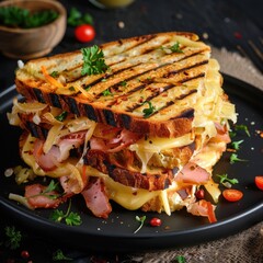 A sandwich with toasted meat and golden brown cheese, with melted cheese dripping from the sides with traces of grilling and a crispy crust.