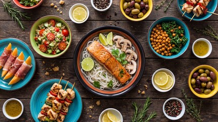 Vibrant food platter featuring a variety of healthy and delicious dishes with fresh ingredients, colorful presentation, and appealing cuisine for meal prep and gatherings