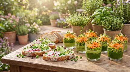 Beautiful garden with vibrant plants and herbs in flowerpots showcasing lush greenery, colorful flowers, and thriving vegetables in an outdoor natural setting