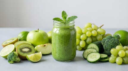 Healthy green fruit and vegetable smoothie in glass jar with fresh organic produce including apples, kiwi, cucumber, grapes, broccoli, and lime
