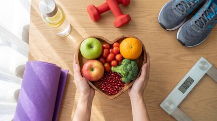 Healthy fresh fruits and vegetables in a bowl with fitness accessories, emphasizing nutrition, wellness, and organic lifestyle for balanced diet
