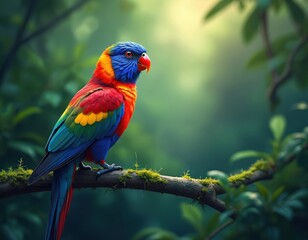 Obraz premium Illustration presents a vibrant parrot perched on tree branch. Colorful bird with blue head red beak rests in green jungle background. Exotic animal is in natural habitat