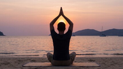 Serene outdoor meditation scene featuring a person practicing yoga at sunset with tranquil water and peaceful natural surroundings for wellness and relaxation
