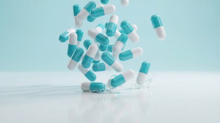 Vibrant image of blue and white capsules and pills representing medicine, pharmaceutical products, healthcare treatments, and health supplements