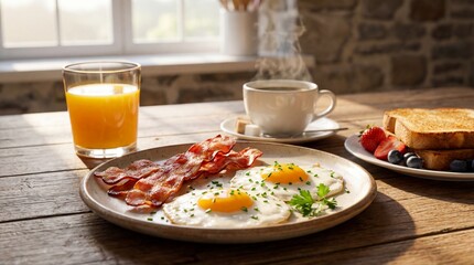 Delicious breakfast meal featuring sunny side up eggs, crispy bacon, fresh toast, orange juice, and hot coffee in a cozy morning setting