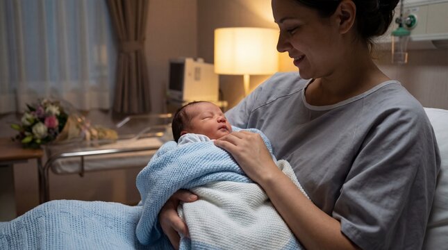 Mother holding newborn baby in hospital bed showcasing maternal care, bonding, comfort, health, and family connection in a warm, professional setting - Powered by Adobe
