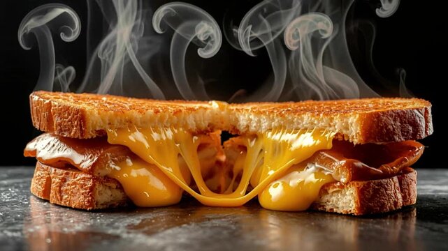 Closeup of a steaming hot grilled cheese sandwich with melted cheese oozing out
