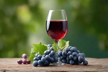 A glass of red wine with fresh grapes on a rustic wooden table