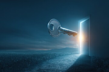 A key is opening a door to a field