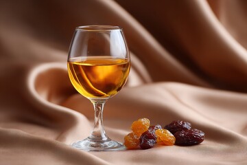 A glass of amber liquid with golden raisins and dark raisins on a draped satin background