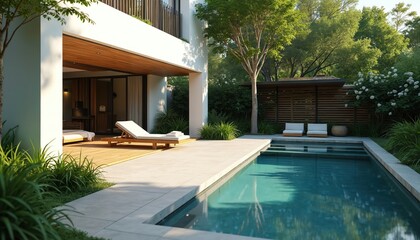 Fototapeta premium Modern home with clean lines features private backyard pool and manicured garden. Lounge chairs offer relaxation beside calm blue water. Lush green trees create a serene atmosphere for enjoying.
