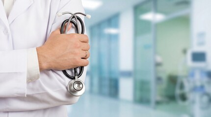 Professional healthcare doctor with stethoscope in modern hospital setting showcasing medical expertise and patient care in a clinical environment