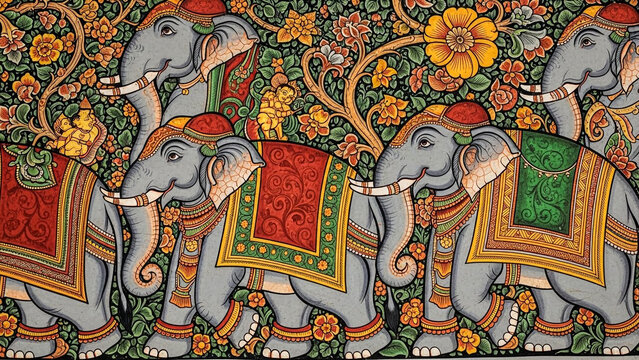 Illustration of two majestic elephants adorned with colorful, intricate textiles and jewelry, set against a floral patterned background in Indian folk art style.