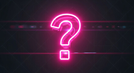 Image of a pink neon question mark, on a dark geometric background, it represents uncertainty, query, or a puzzle that needs solving, mystery, suspense