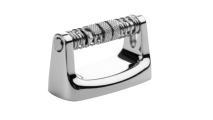 Polished chrome door handle with textured grip and spring mechanism isolated on a transparent background