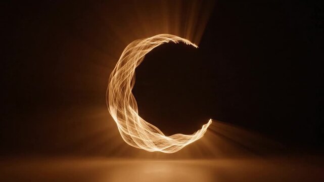Abstract glowing ethereal light forming a luminous crescent moon shape on a dark reflective surface with sunbeam effects