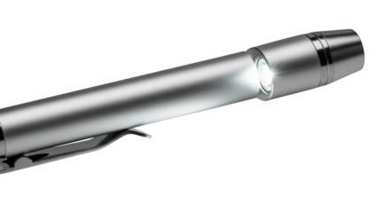 Silver pen flashlight with bright white L E D light emitting from the tip isolated on a transparent background