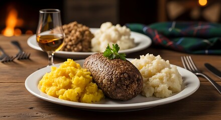 Hearty traditional meal of haggis served with neeps and tatties.