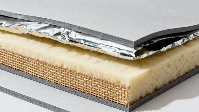 Medium shot featuring multilayer thermal insulation sheets revealing their composite structure designed for superior thermal resistance and energy saving.