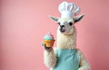 White llama wears chef hat and blue apron. It proudly holds a sweet cupcake with pink and blue frosting. This cute animal baker stands against pastel pink wall, ready to share delicious treat.