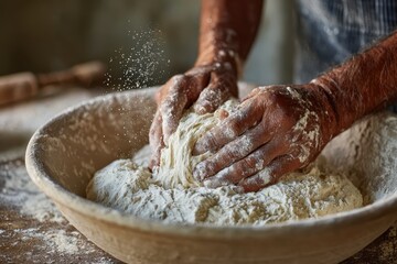 A person kning a dough in a bowl
