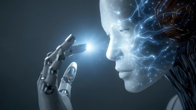 Close-up profile of a futuristic humanoid robot touching a glowing blue light with its robotic hand against a dark background with neon-like circuitry.
