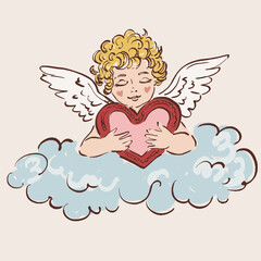 Colorful vector illustration of a cute Cupid angel with heart and cloud. Romantic love symbol perfect for Valentines Day cards, wedding designs, posters, invitations and festive decor.