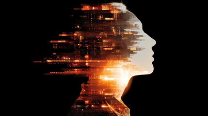 A woman ' s face with a city skyline in the background