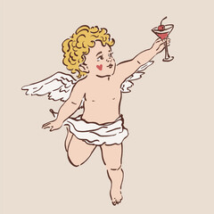 Colorful vector illustration of a cute Cupid angel with cocktail. Romantic love symbol perfect for Valentines Day cards, wedding designs, posters, invitations and festive decor.
