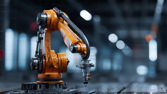 Industrial robotic arm with a drill attachment on a factory floor with a blurred background and a predominantly orange and gray color scheme.