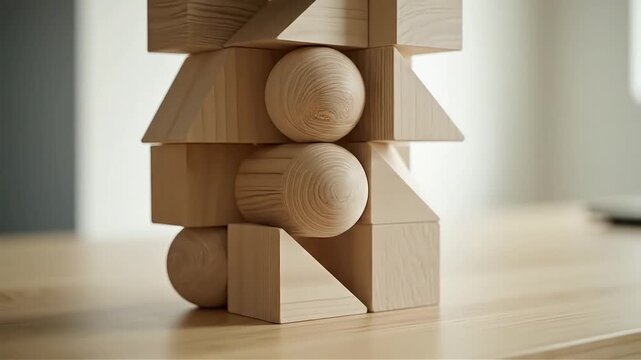 Wooden blocks stacking tower construction building toys education learning childhood development games kids play preschool kindergarten STEM concept footage video