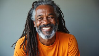 Smiling man with gray dreadlocks wears an orange shirt against a soft gray backdrop. His joyful expression conveys warmth and confidence. He looks directly at the camera with a friendly demeanor.