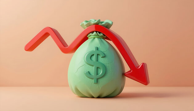 Stock market crash and financial loss concept with red downward arrow and money bag for economic news landing page