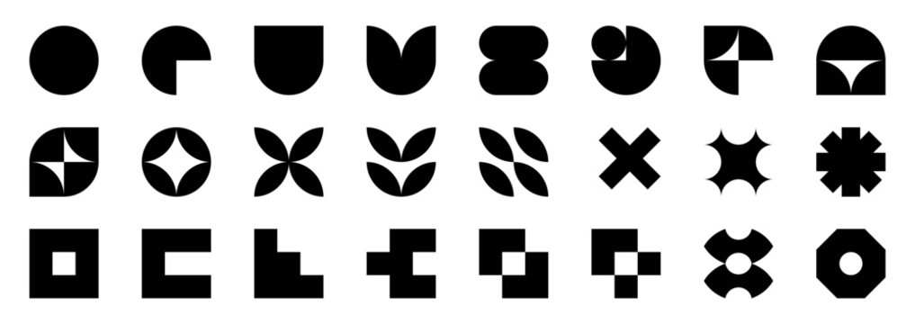 Set with different Y2K elements for design. Trendy geometric brutalism forms, Memphis-inspired elements. Retro-futuristic abstract graphic symbols, simple shapes, objects, and icons in Y2K style.