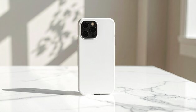 A white iPhone standing upright on a marble table with soft shadows in the background.