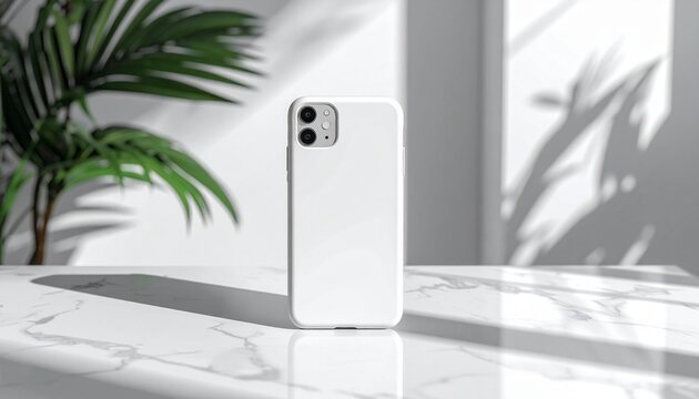 White iPhone with a minimalist case standing on a marble surface with plant shadows.