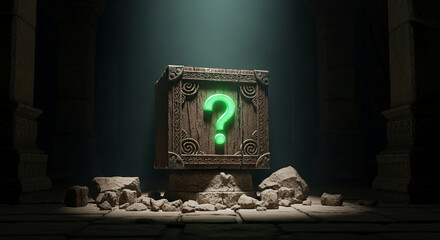 Wooden box with glowing green question mark on pedestal in stone hall, showing mystery, challenge, or unknown concept, perfect for game design idea