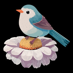 Blue songbird illustration resting on a large white flower petal with a dark artistic visual style