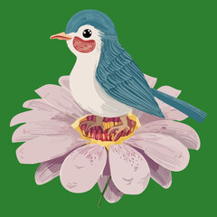 White and blue bird sitting on a large purple flower blossom with green leaves and surroundings